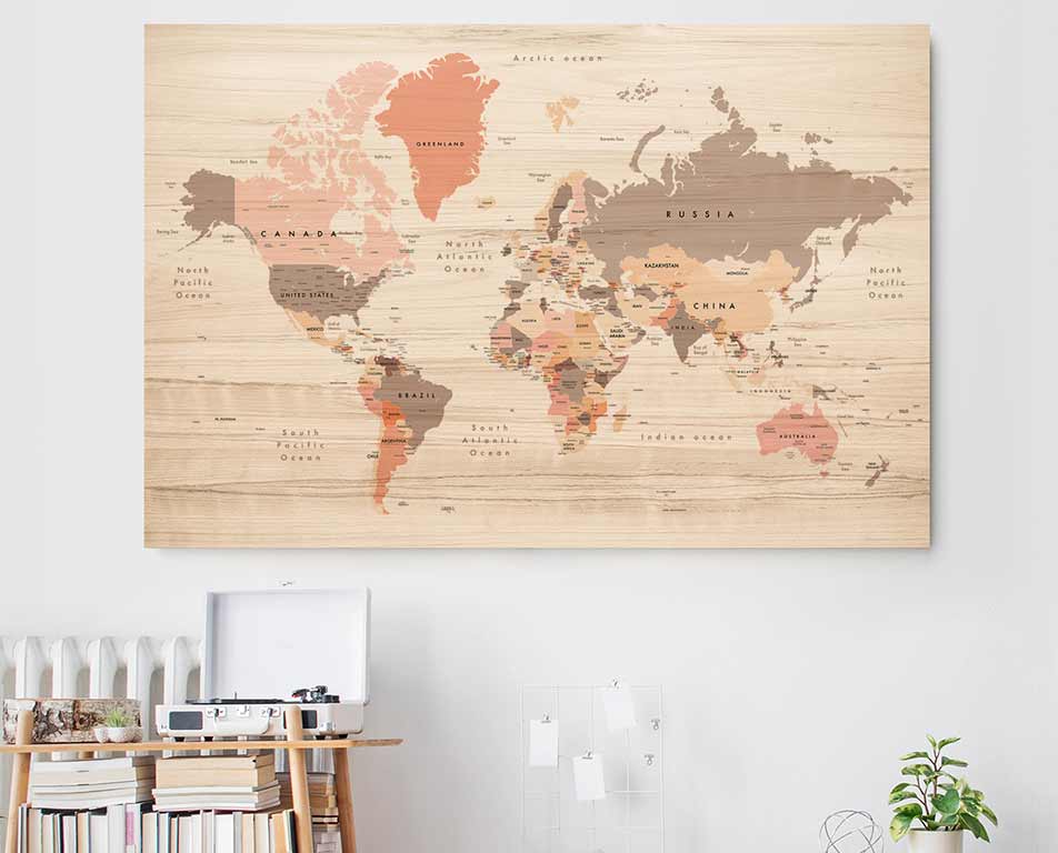 XXL-Weltkarte auf Holz